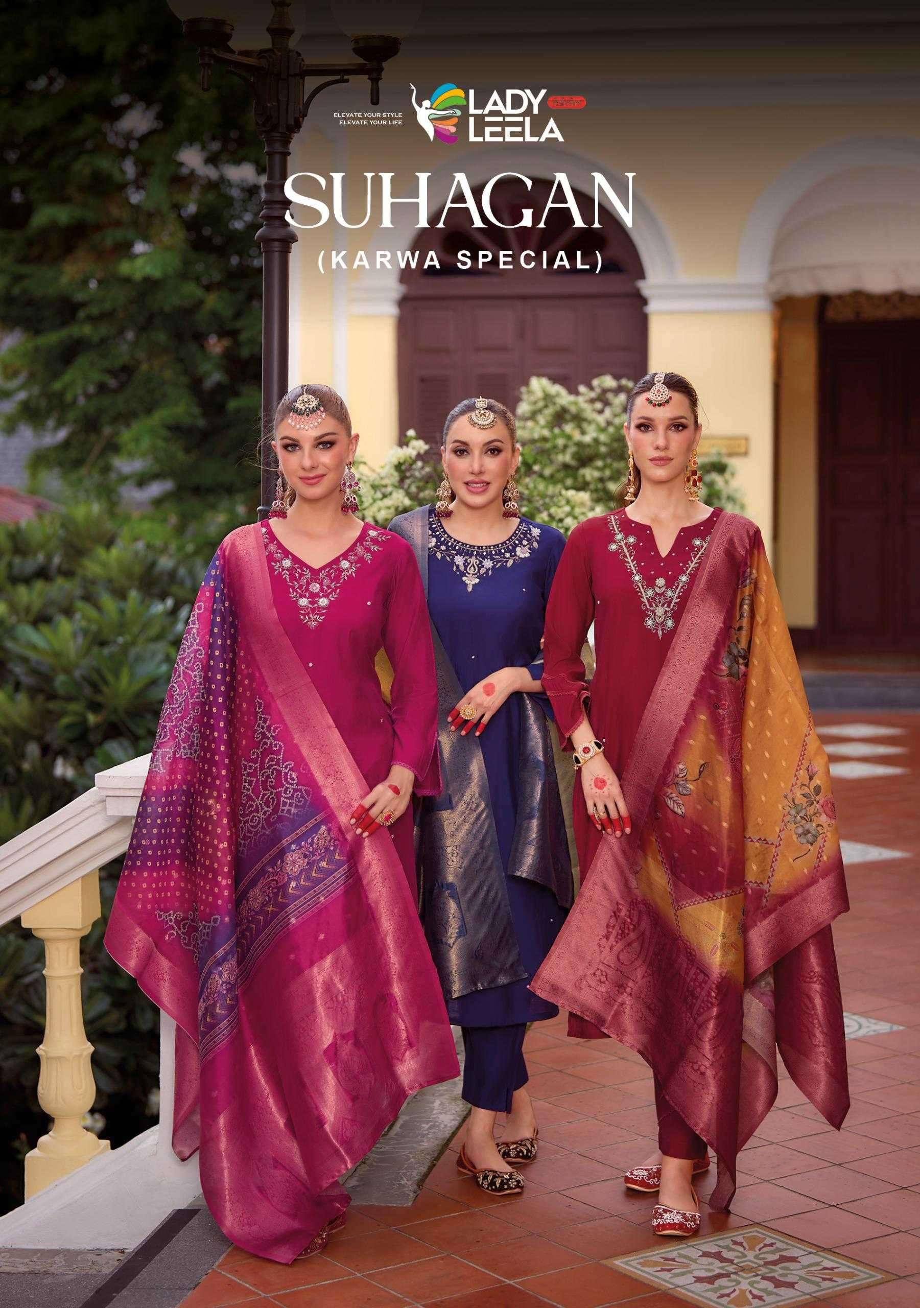 LADY LEELA PRESENTS SUHAGAN READYMADE VISCOSE OCCASION WEAR KARWA SPECIAL SUIT CATALOG WHOLESALER AND EXPORTER IN SURAT