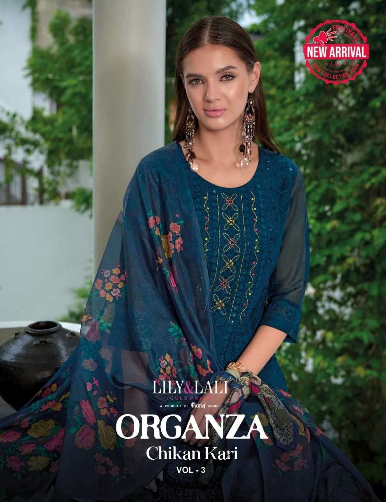 LILY & LALI PRESENTS CHIKANKARI VOL-3 ORGANZA HANDWORK READYMADE SUITS CATALOG WHOLESALER AND EXPORTER IN SURAT