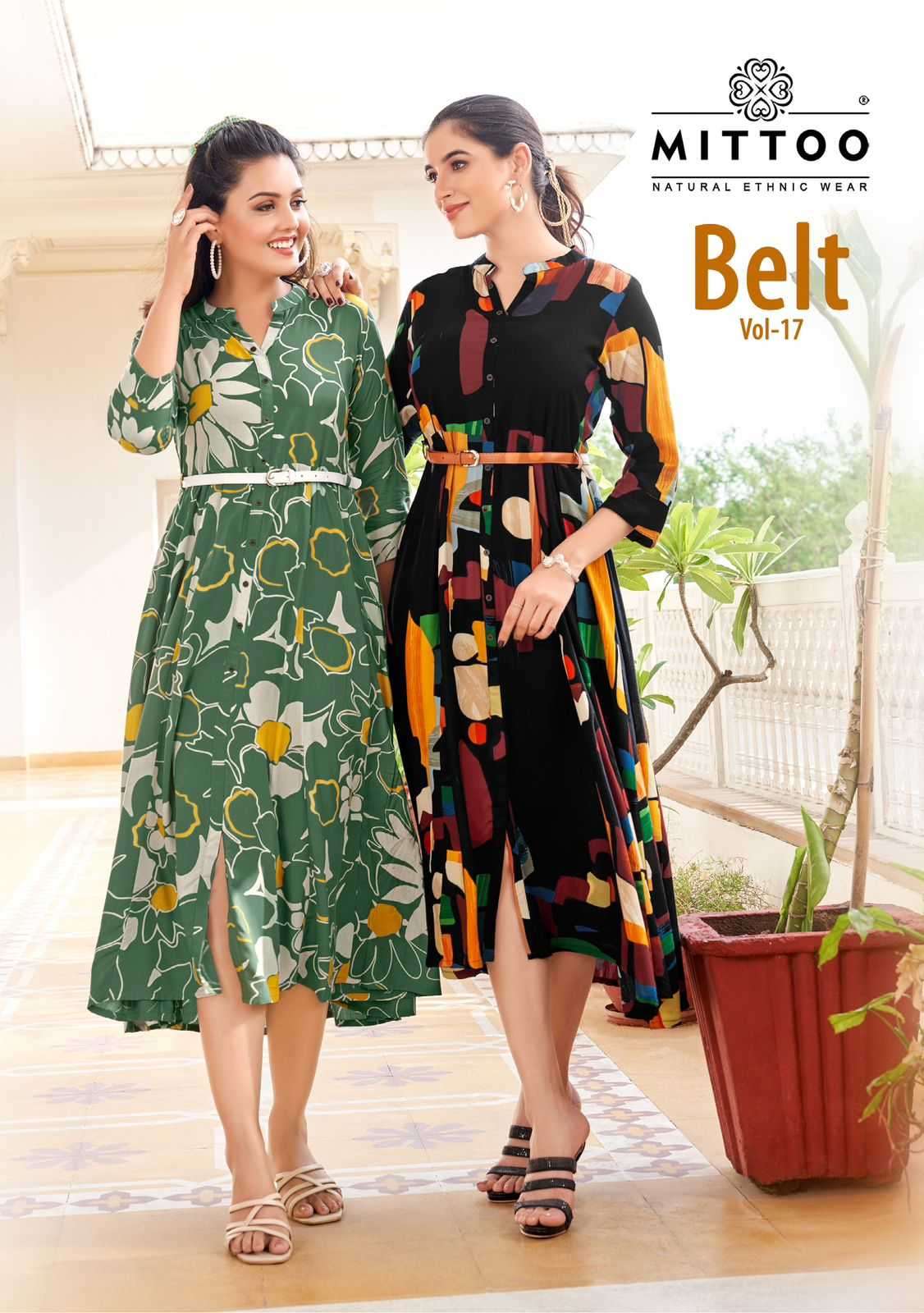 MITTOO PRESENTS BELT VOL-17 RAYON PRINT READYMADE FLAIR LONG KURTI WITH BELT CATALOG WHOLESALER AND EXPORTER IN SURAT