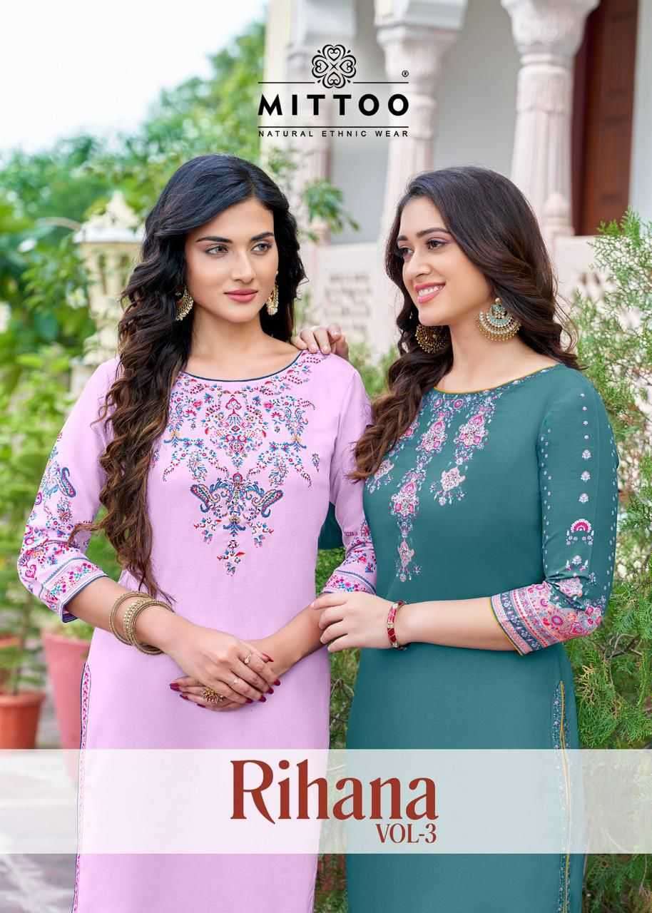 MITTOO PRESENTS RIHANA VOL-3 READYMADE RAYON HANDWORK DAILY WEAR LONG KURTIS CATALOG WHOLESALER AND EXPORTER 