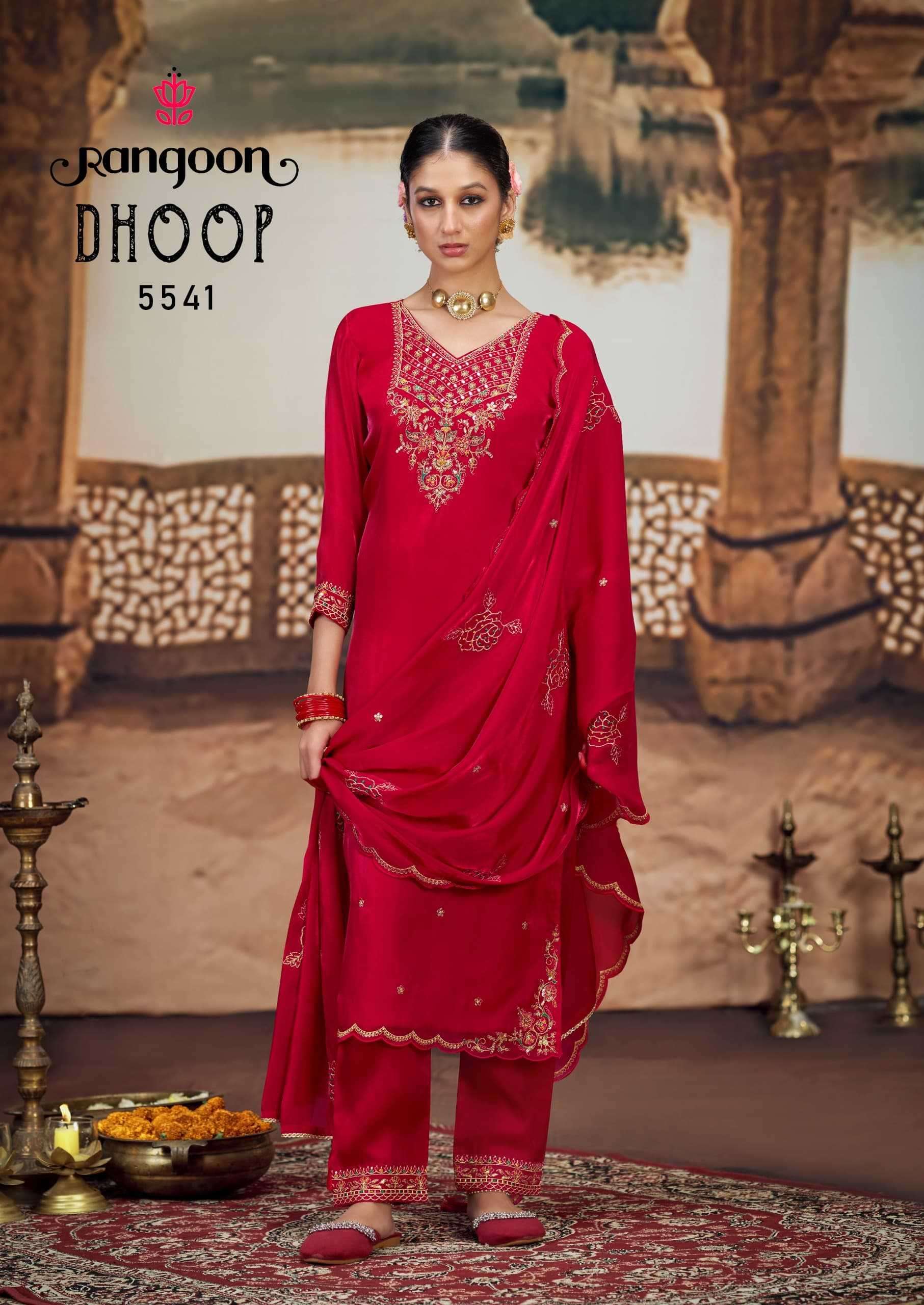 RANGOON PRESENTS DHOOP READYMADE SATIN CREP HANDWORK TRENDY LADIES SUIT CATALOG WHOLESALER AND EXPORTER IN SURAT