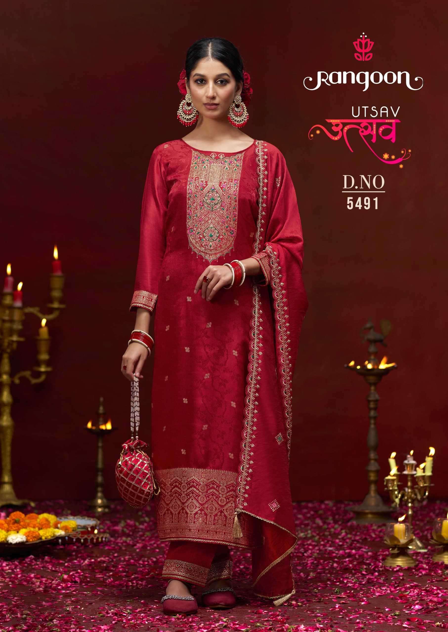 RANGOON PRESENTS UTSAV DOLA RUSSIAN KARWA SPECIAL FULLY STITCH 3PCS DRESS  CATALOG WHOLESALER AND EXPORTER IN SURAT