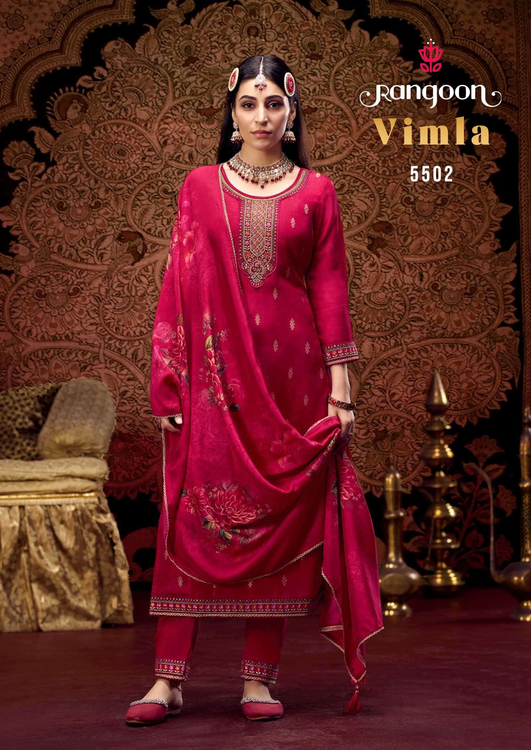 RANGOON PRESENTS VIMLA EXCLUSIVE DESIGN DOLA JACQUARD READYMADE KURTIS CATALOG WHOLESALER AND EXPORTER IN SURAT