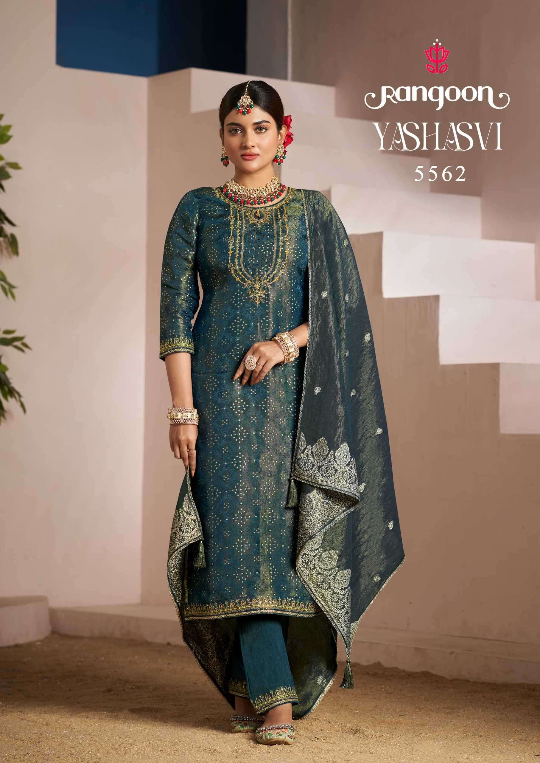 RANGOON PRESENTS YASHASVI VISCOSE SIMMER FASHIONABLE FULL STITCH LADIES SUIT CATALOG WHOLESALER AND EXPORTER IN SURAT