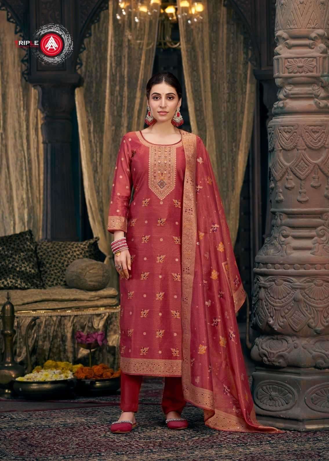 TRIPLE AAA PRESENTS TANIYA VISCOSE SIMMER SILK MINAKARI WORK LADIES SUIT CATALOG WHOLESALER AND EXPORTER 