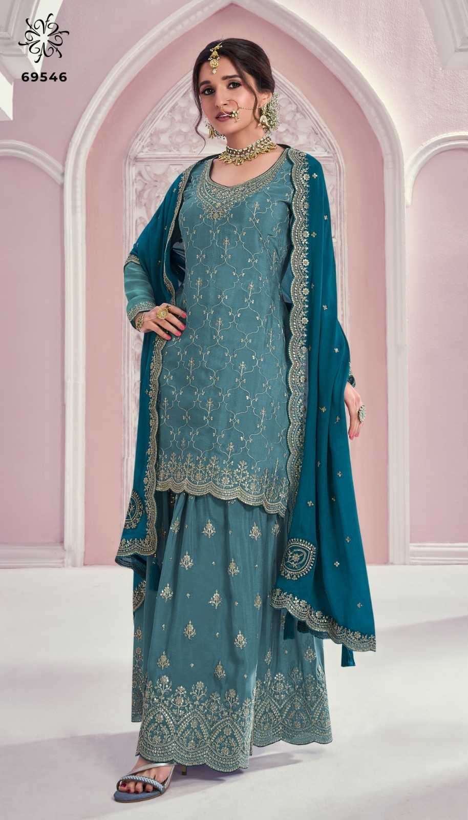 VINAY PRESENTS KULEESH RANGRASIYA HEAVY EMBROIDERY WORK SHARARA STYLE CHINON SUITS CATALOG WHOLESALER AND EXPORTER IN SURAT 