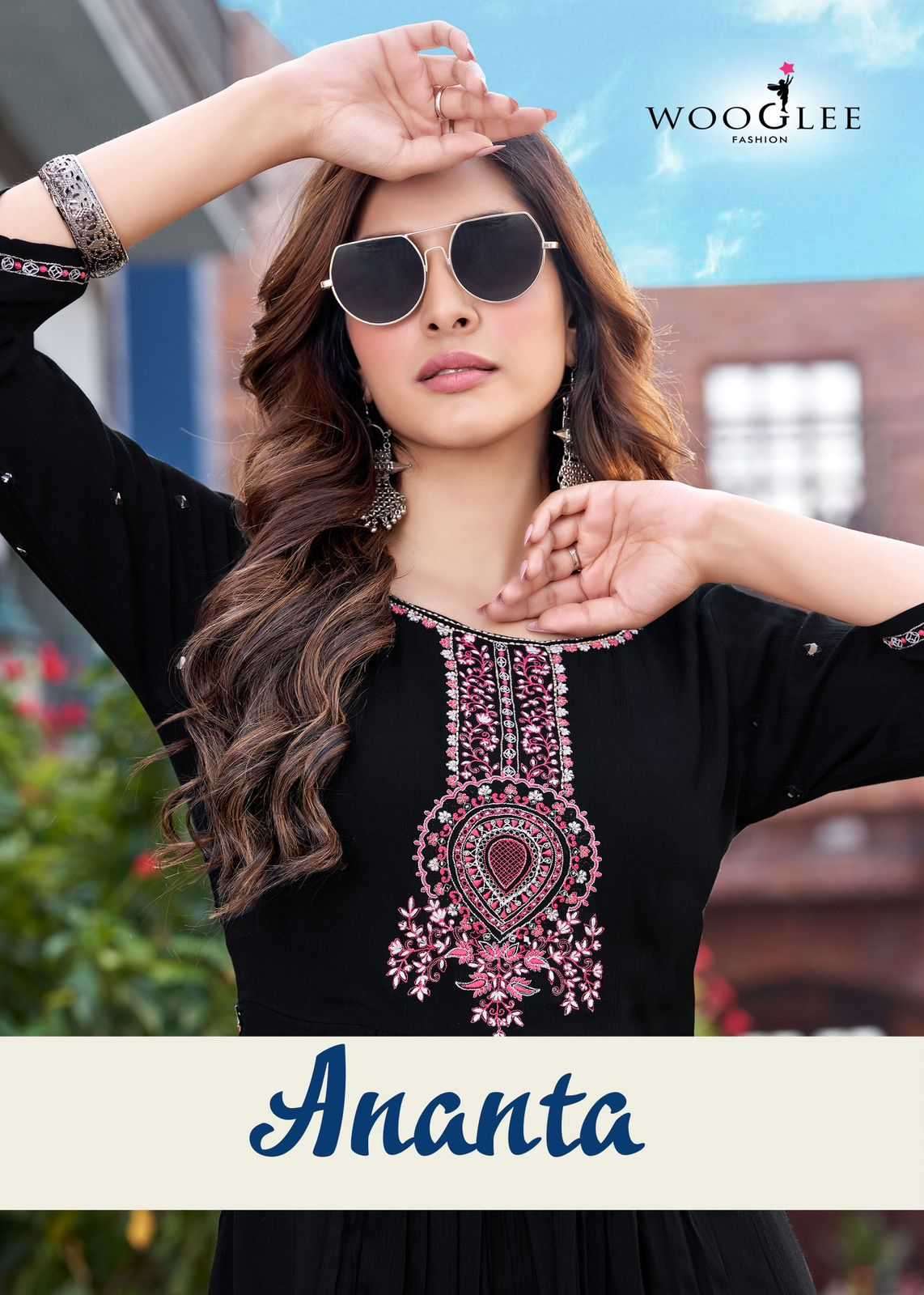 WOOGLEE PRESENTS ANANTA READYMADE RAYON HANDWORK DESIGNER LONG KURTIS CATALOG WHOLESALER AND EXPORTER IN SURAT