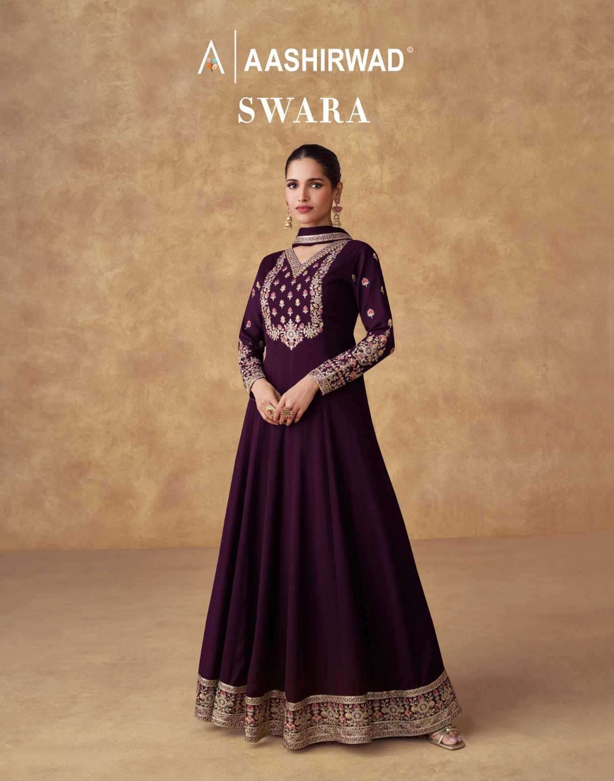 AASHIRWAD CREATION PRESENTS SWARA CHINON SILK FASHIONABLE FULL STITCH INDO WESTERN GOWN 