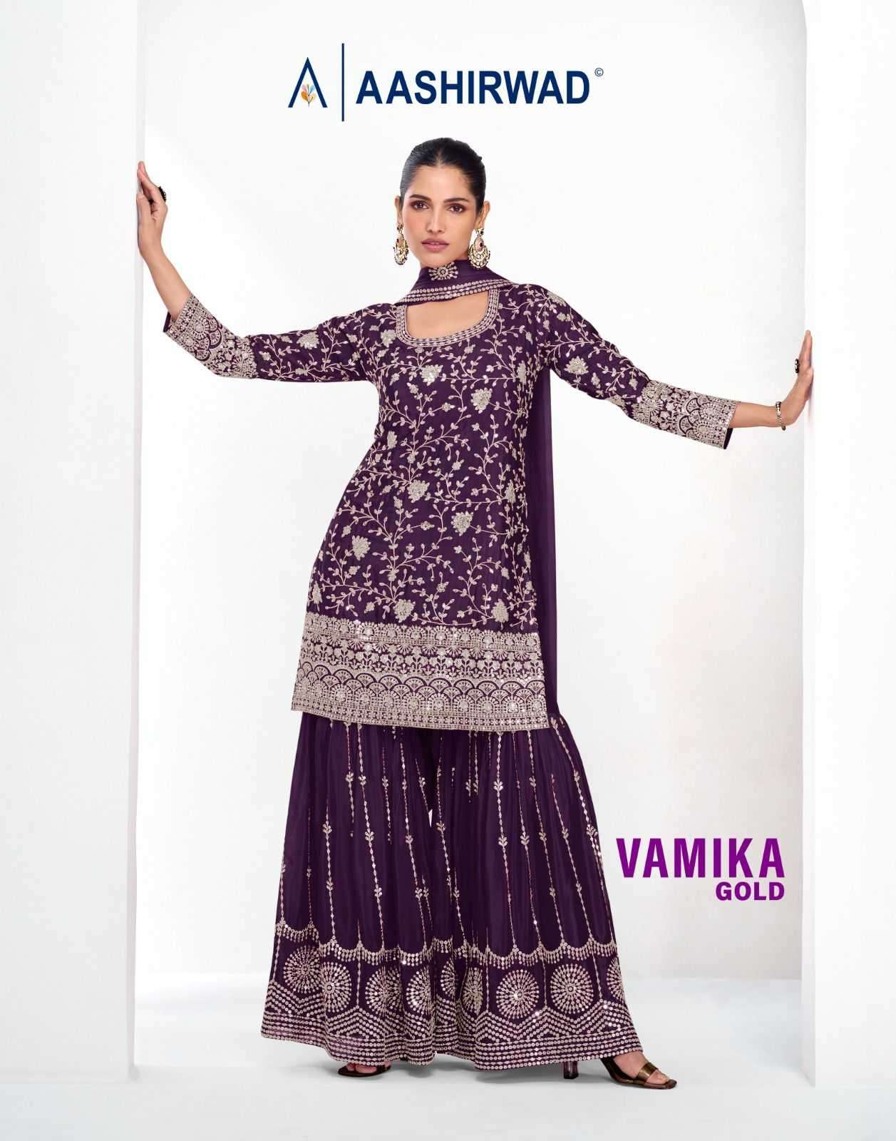 AASHIRWAD CREATION PRESENTS VAMIKA GOLD CHINON FULLY STITCH CLASSIC PLAZZO STYLE 3PCS DRESS CATALOG WHOLESALER AND EXPORTER 