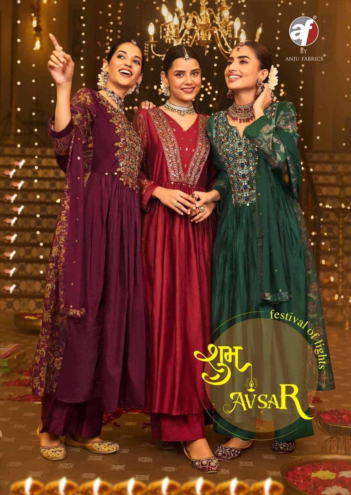 ANJU FAB PRESENTS SHUBH AVSAR DIWALI SPECIAL VISCOSE READYMADE 3PCS DRESS CATALOG WHOLESALER AND EXPORTER 