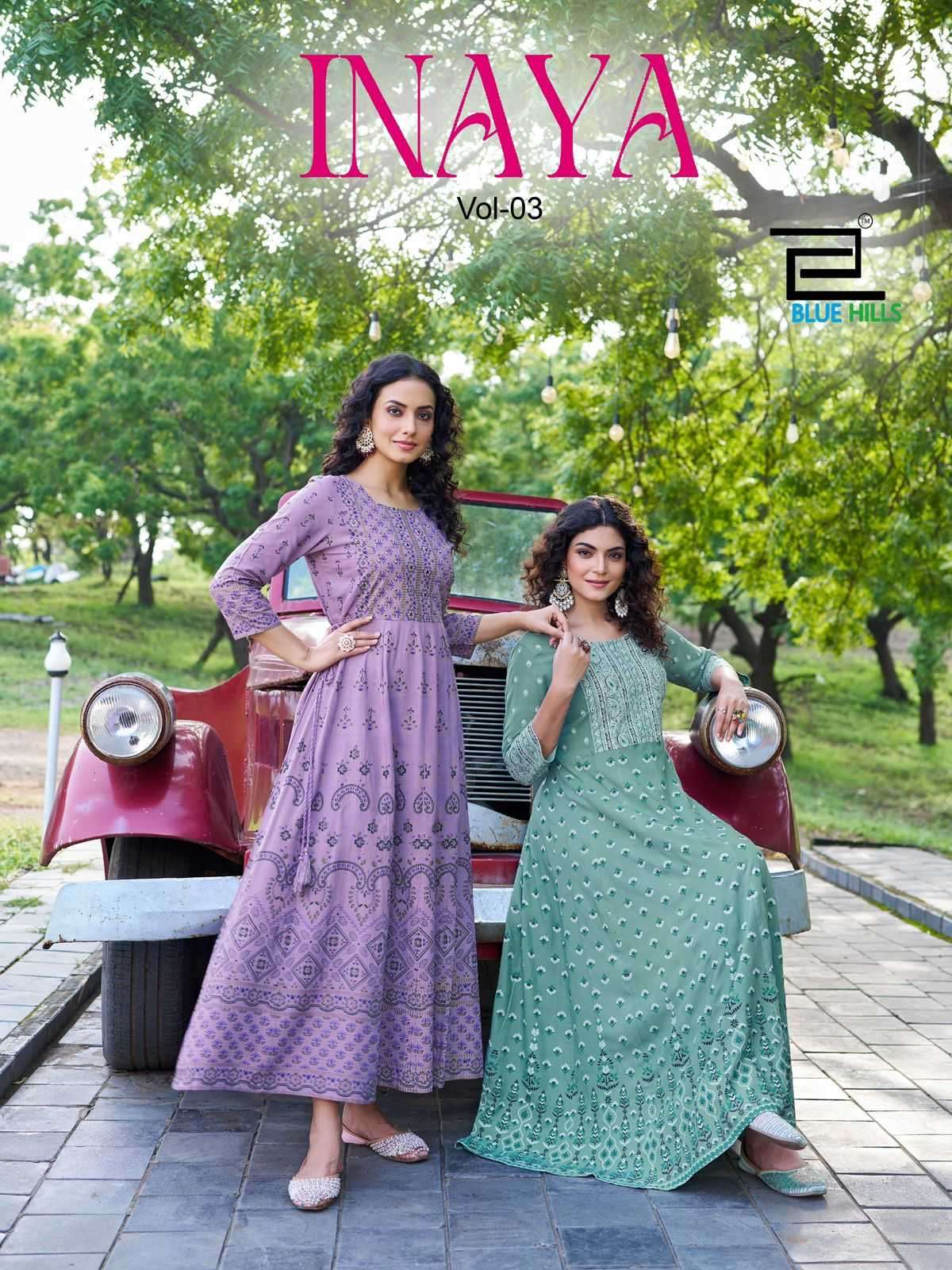 BLUE HILLS PRESENTS INAYA VOL-3 RAYON READYMADE BIG SIZE FROCK STYLE LONG KURTI CATALOG WHOLESALER AND EXPORTER 