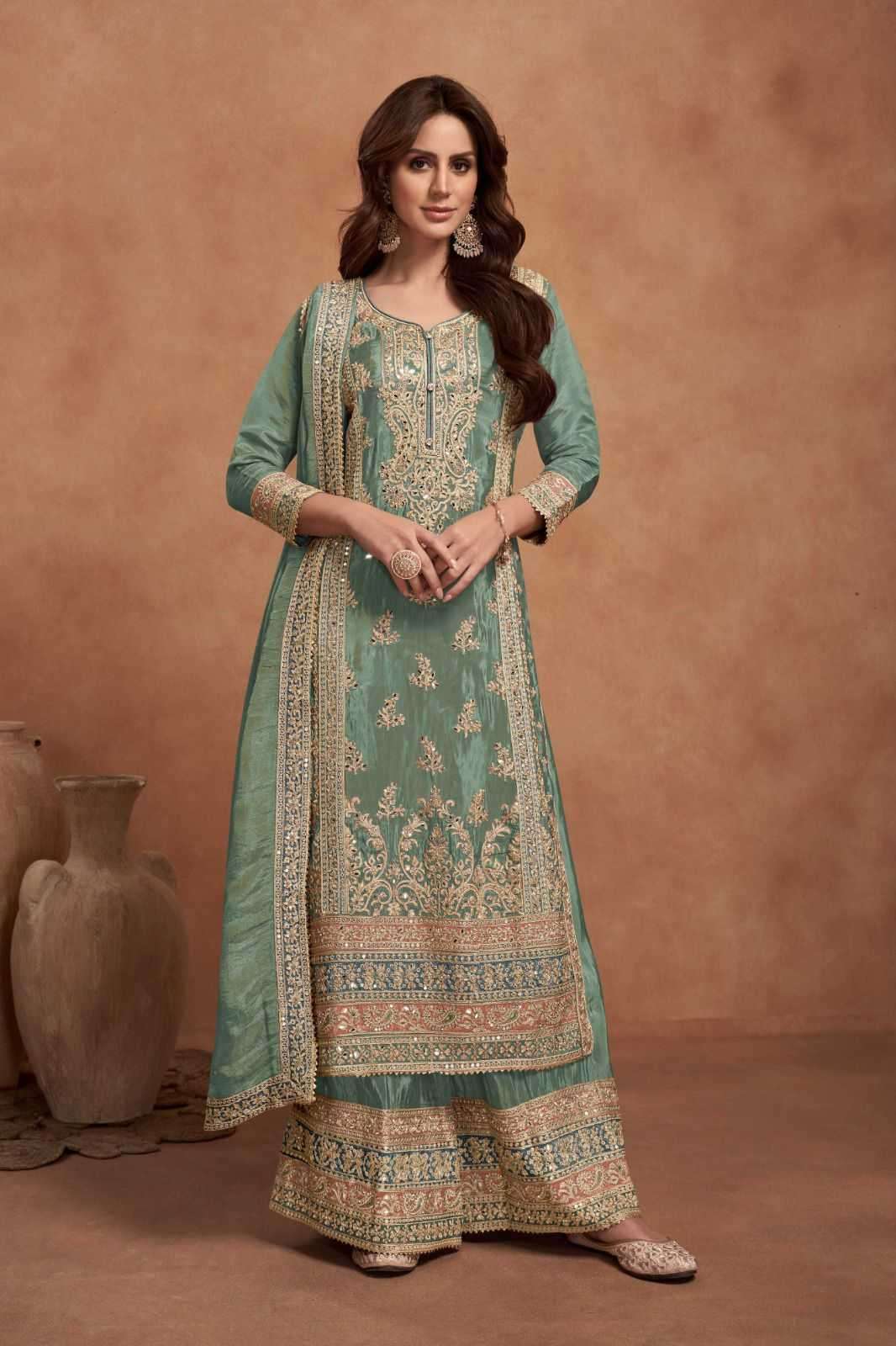 GULKAYRA DESIGNER PRESENTS NAZIA SIMMER SILK READYMADE PLAZZO STYLE DESIGNER SUIT CATALOG WHOLESALER AND EXPORTER 