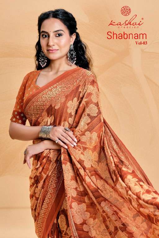 KASHVI CREATION PRESENTS SHABNAM VOL-3 DULL MOSS FOIL PRINT SAREES CATALOG WHOLESALER AND EXPORTER 