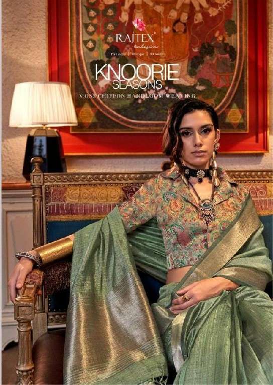 Rajtex Presents Knoorie Seasons Wholesale Moss Chiffon Handloom Weaving Festive Sarees Catalog Wholesaler And Exporter 