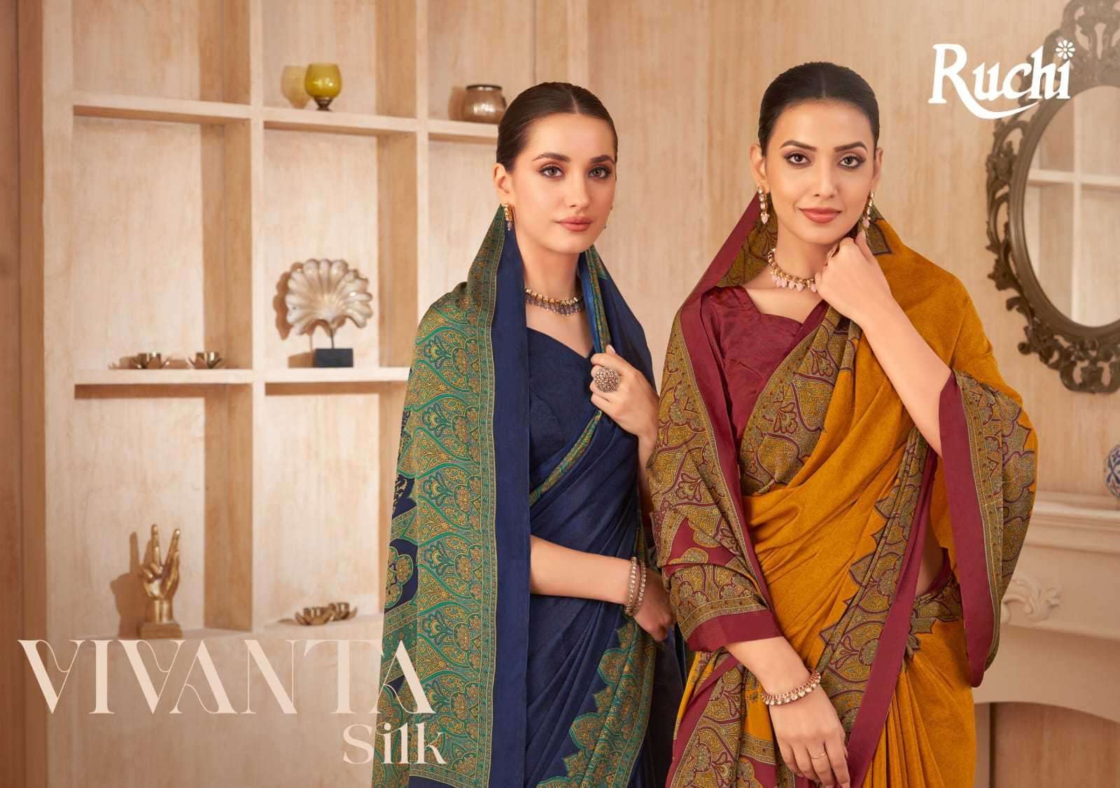 RUCHI PRESENTS VIVANTA SILK 37601-37603 SILK CREPE CASUAL BEST SAREES CATALOG WHOLESALER AND EXPORTER 