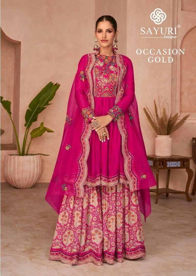 SAYURI DESIGNER OCCASION GOLD PREMIUM QUALITY FULL STITCH SILK GHARARA STYLE DRESS CATALOG WHOLESALER 