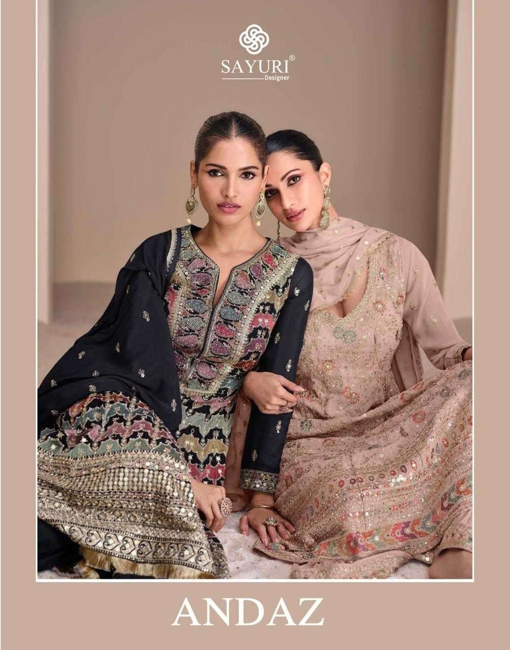 SAYURI DESIGNER PRESENTS ANDAZ READYMADE EXCLUSIVE GEORGETTE PLAZZO STYLE SUIT CATALOG WHOLESALER AND EXPORTER 