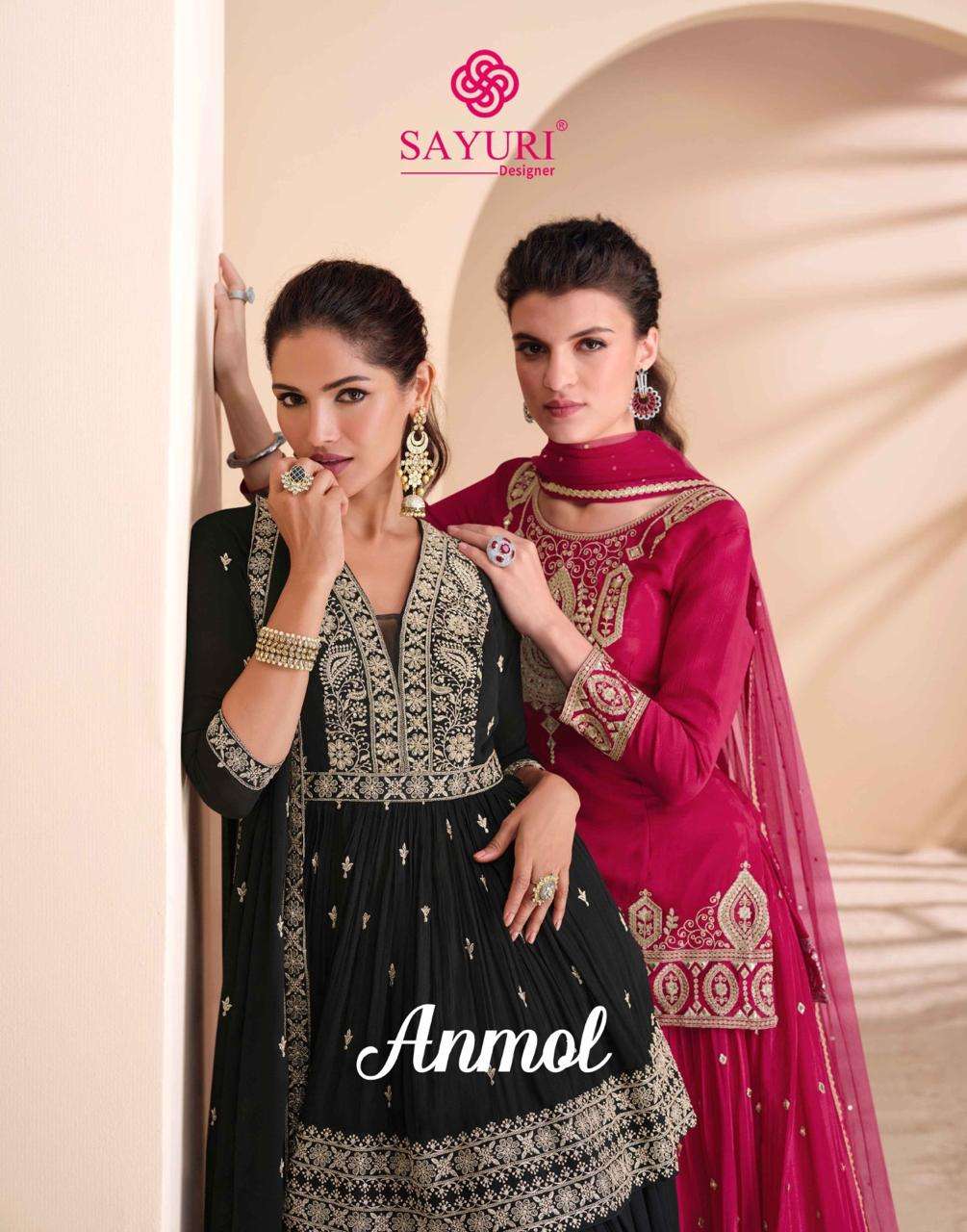 SAYURI DESIGNER PRESENTS ANMOL FANCY CHINON SUITS CATALOG WHOLESALER AND EXPORTER IN SURAT