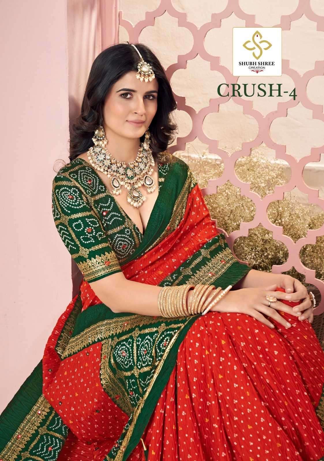 SHUBH SHREE CREATION PRESENTS CRUSH VOL-4 VELVET TUSSAR SILK CASUAL SAREES CATALOG WHOLESALER 