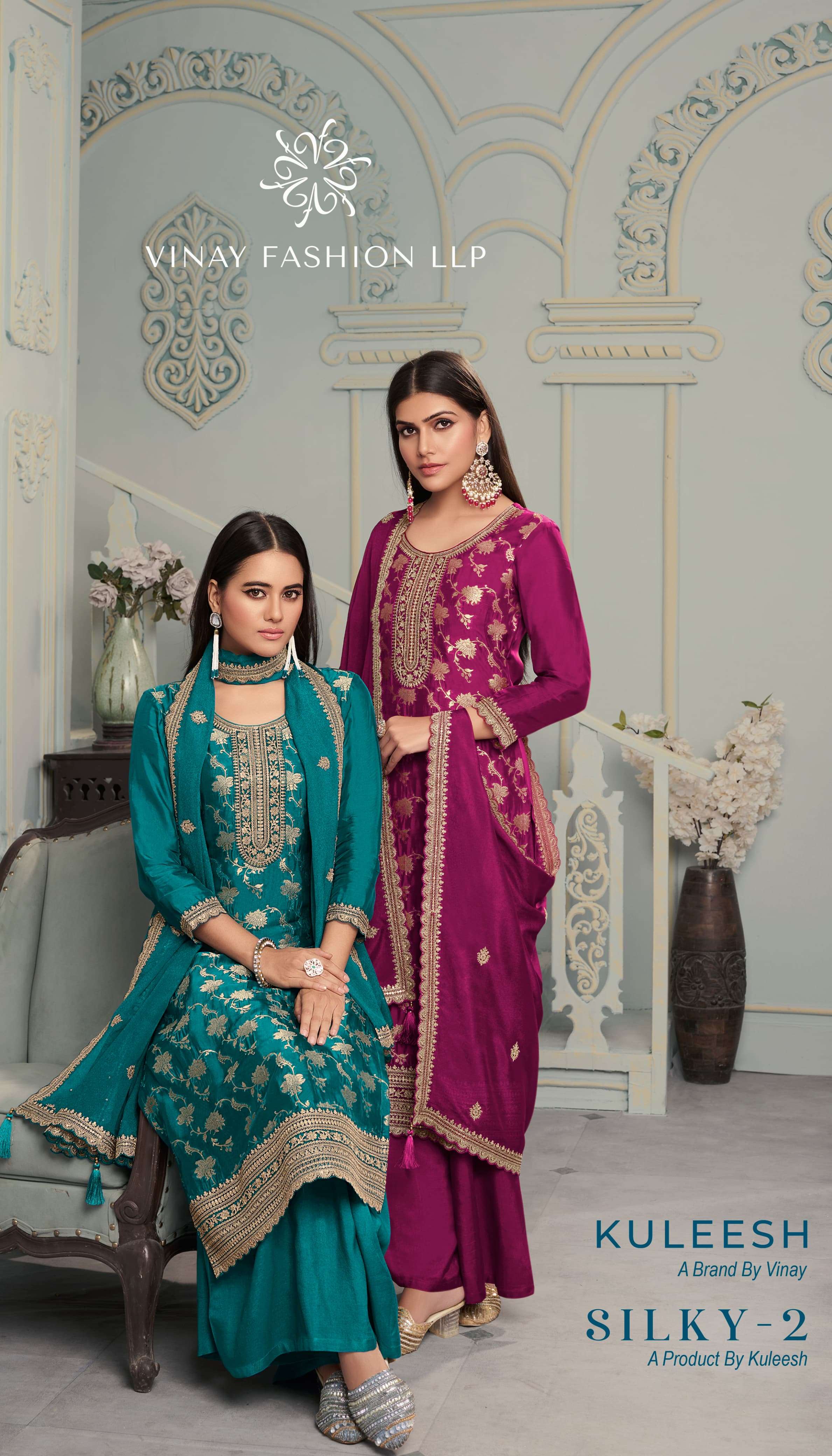 VINAY FASHION PRESENTS KULEESH SILKY VOL-2 DESIGNER SILK SALWAR SUITS CATALOG WHOLESALER AND EXPORTER IN SURAT