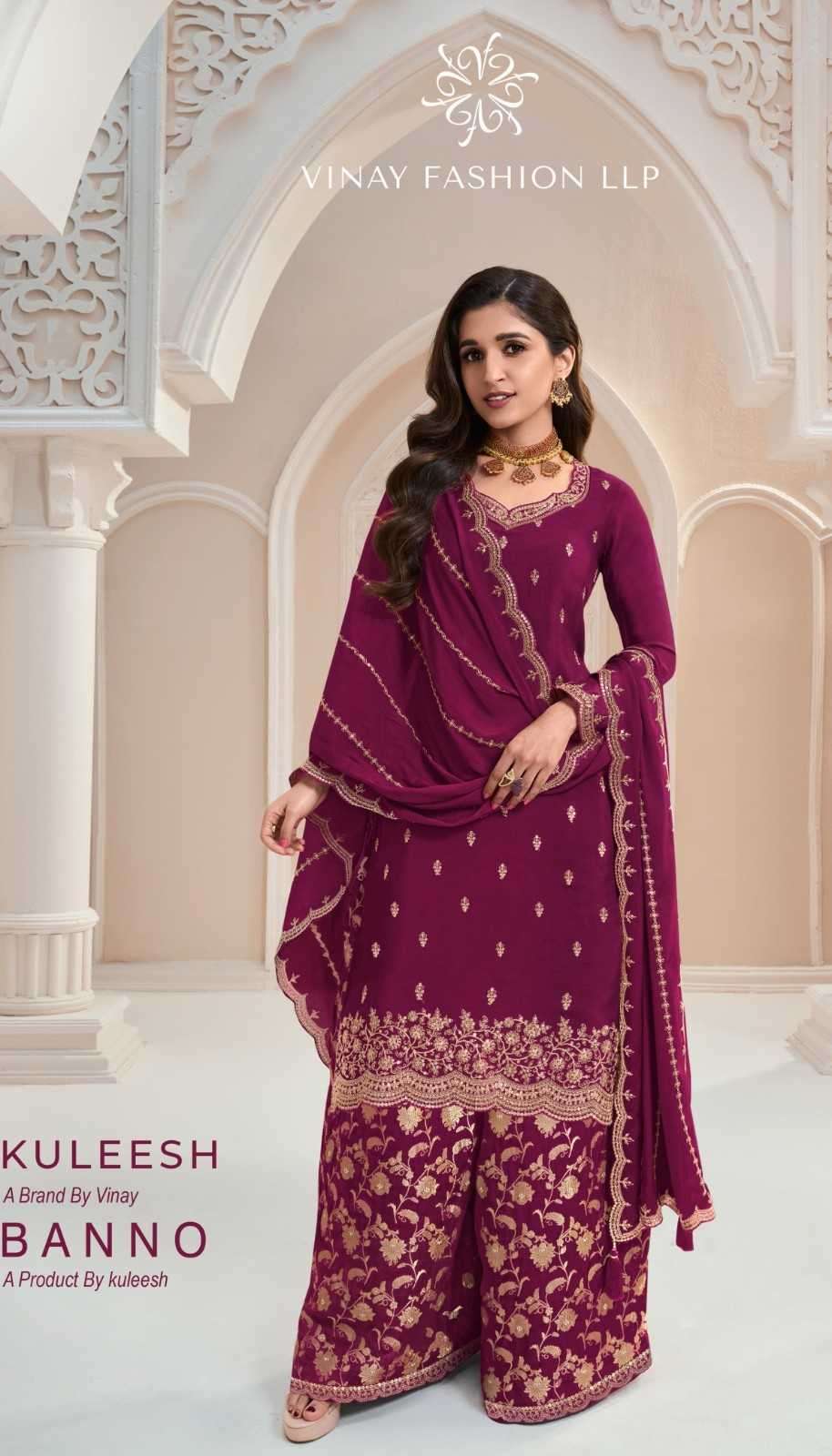 VINAY PRESENTS KULEESH BANNO EMBROIDERY CHINON DESIGNER LADIES SALWAR SUITS CATALOG WHOLESALER AND EXPORTER 