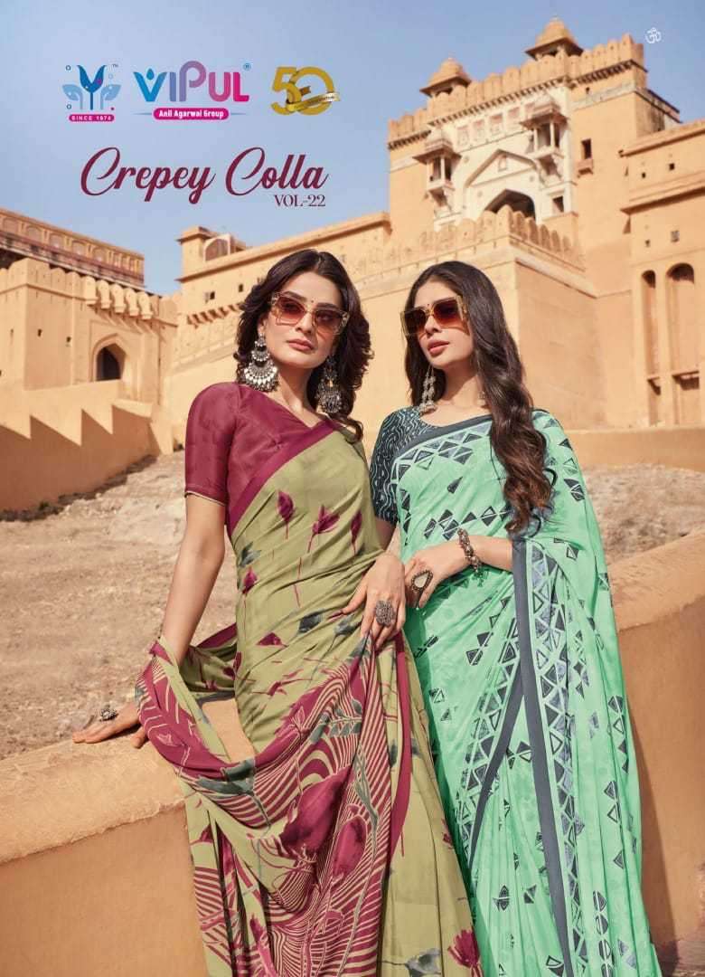 VIPUL FASHION PRESENTS CREPEY COLLA VOL-22 CRAPE STYLISH LOOK SAREES CATALOG WHOLESALER AND EXPORTER 