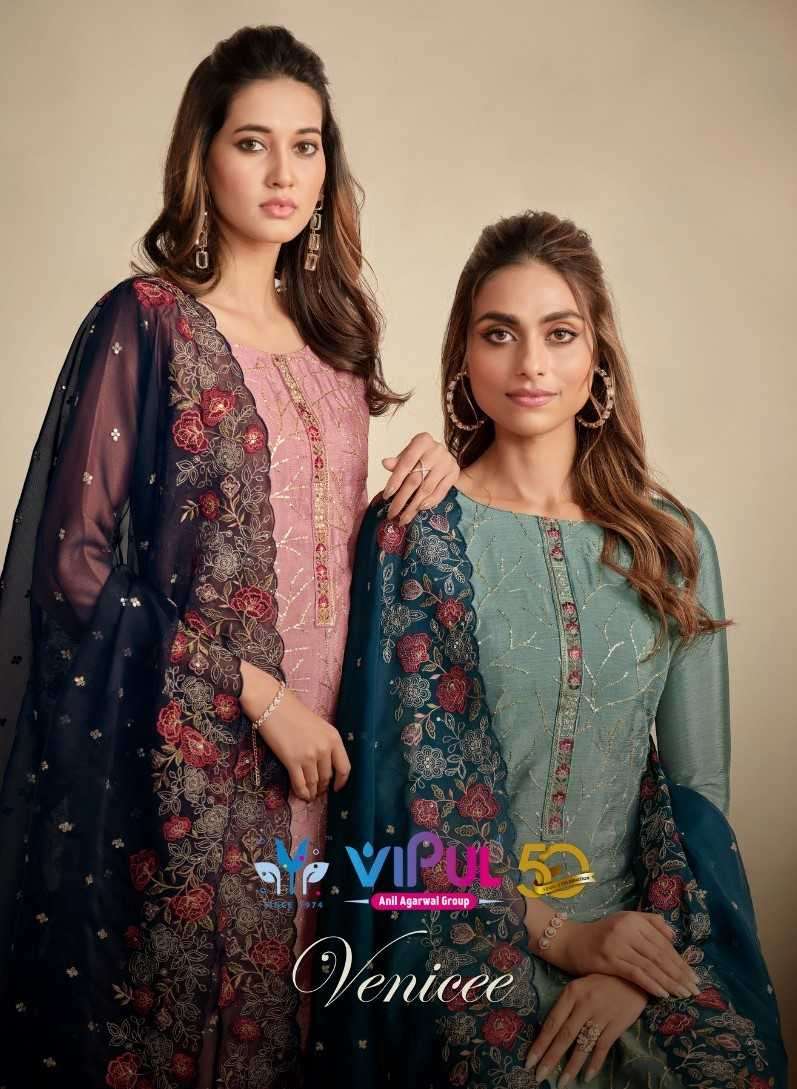 VIPUL FASHION PRESENTYS VENICEE EMBROIDERY WORK CHINON LADIES SALWAR SUITS CATALOG WHOLESALER AND EXPORTER 