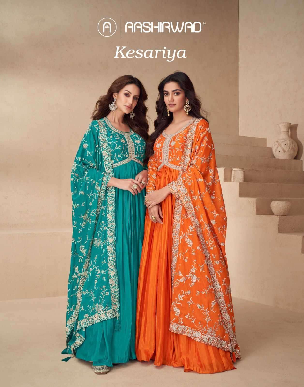 AASHIRWAD CREATION PRESENTS KESARIYA READYMADE CHINON SILK DESIGNER GOWN CATALOG WHOLESALER AND EXPORTER 