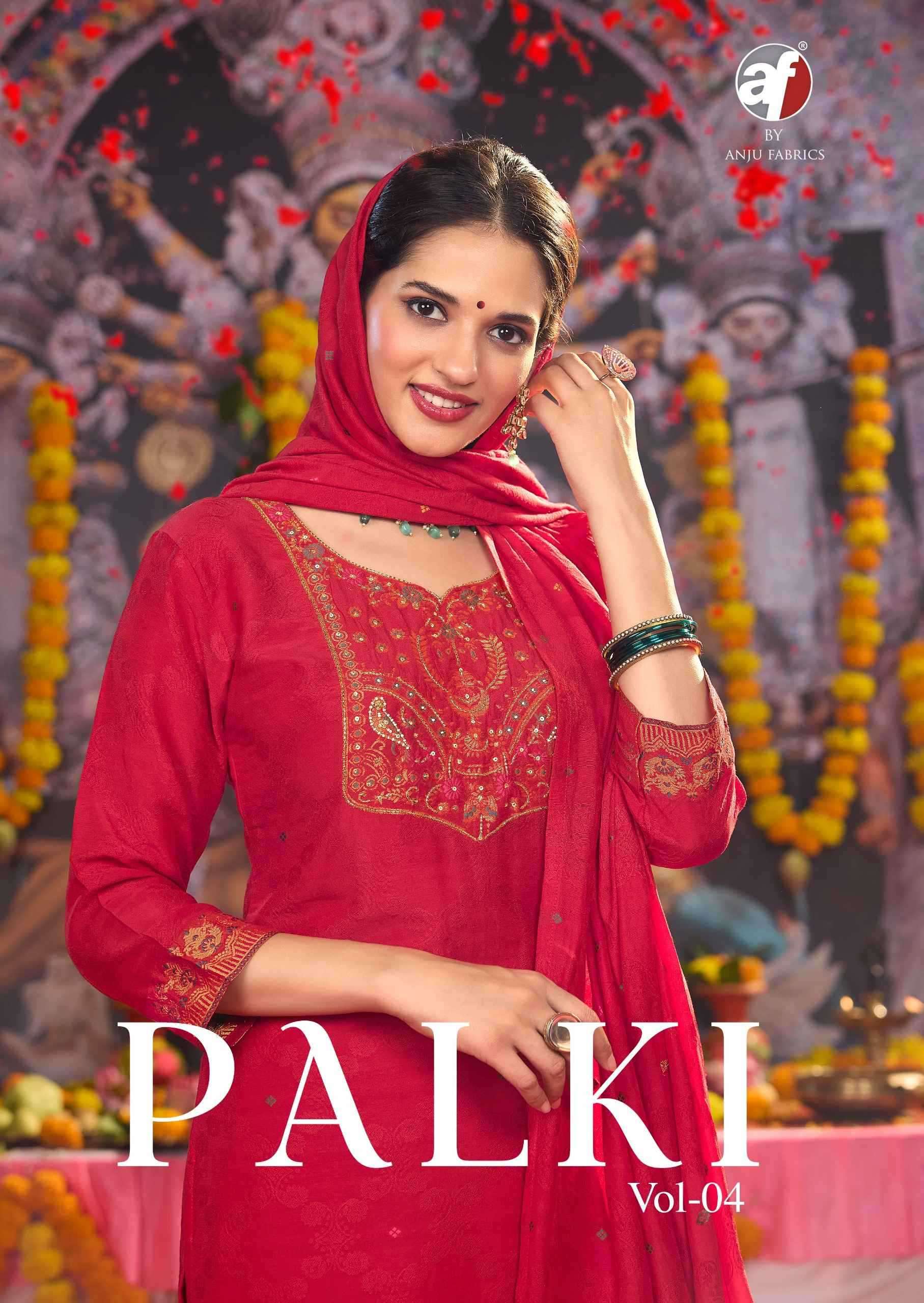 ANJU FAB PRESENTS PALKI VOL-4 MUSLIN JACQUARD PLUS SIZE READYMADE ATTRACTIVE 3PCS DRESS CATALOG WHOLESALER AND EXPORTER 
