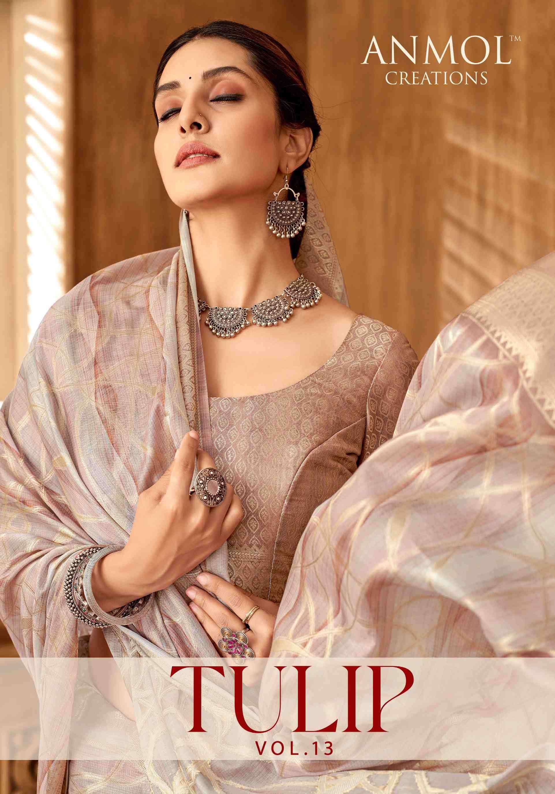 ANMOL CREATION PRESENTS TULIP VOL-13 1301-1310 MUSLIN SILK TRADITIONAL SAREES CATALOG WHOLESALER AND EXPORTER 