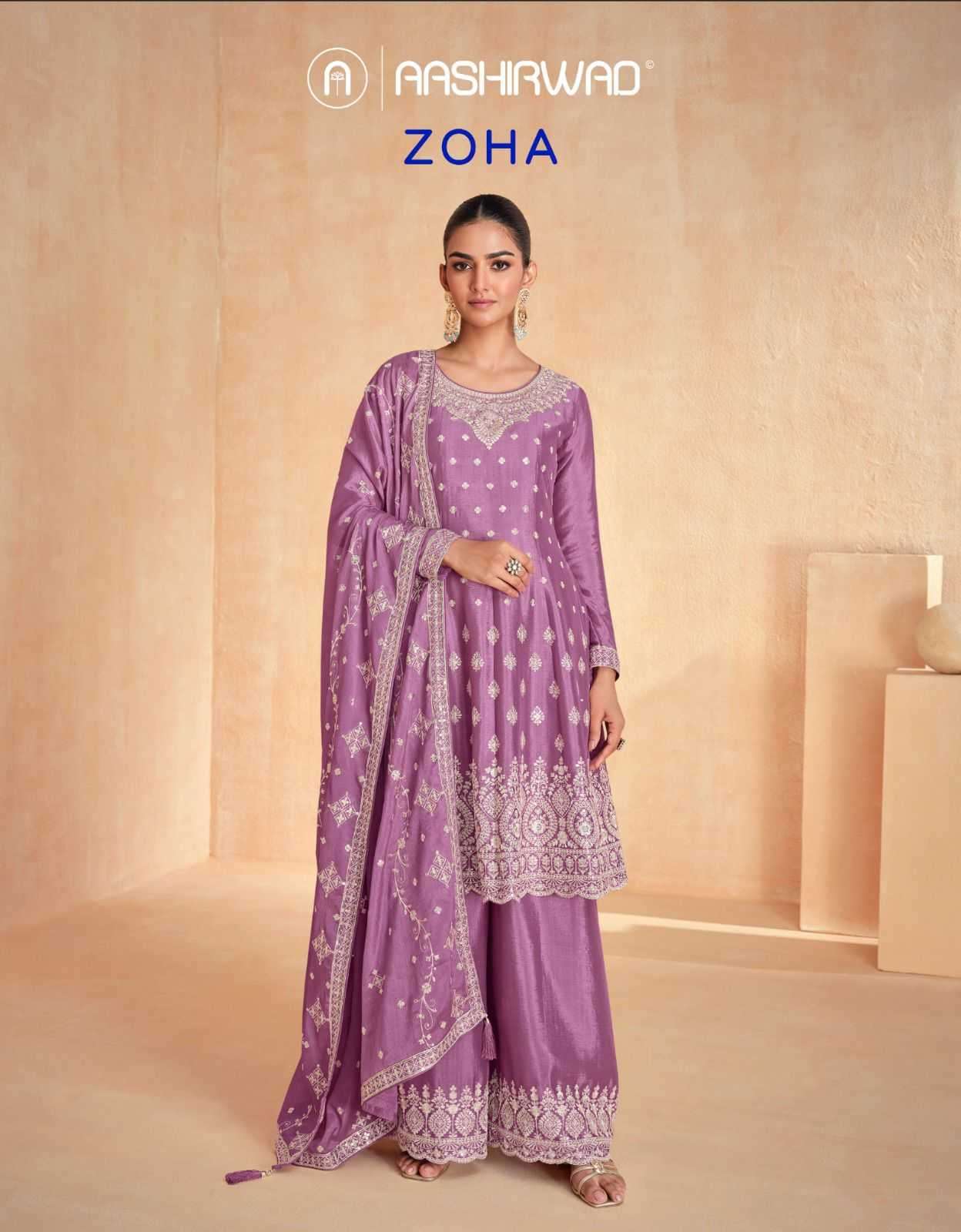 ASHIRWAD CREATION PRESENTS ZOHA CHINON SILK READYMADE PLAZZO STYLE PARTY WEAR SUIT CATALOG WHOLESALER 