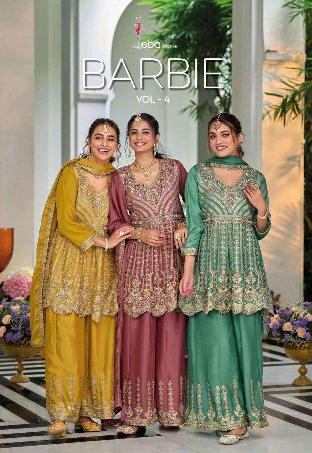 EBA LIFESTYLE PRESENTS BARBIE VOL-4 CHINON EMBROIDERY READYMADE LADIES SUITS CATALOG WHOLESALER AND EXPORTER 