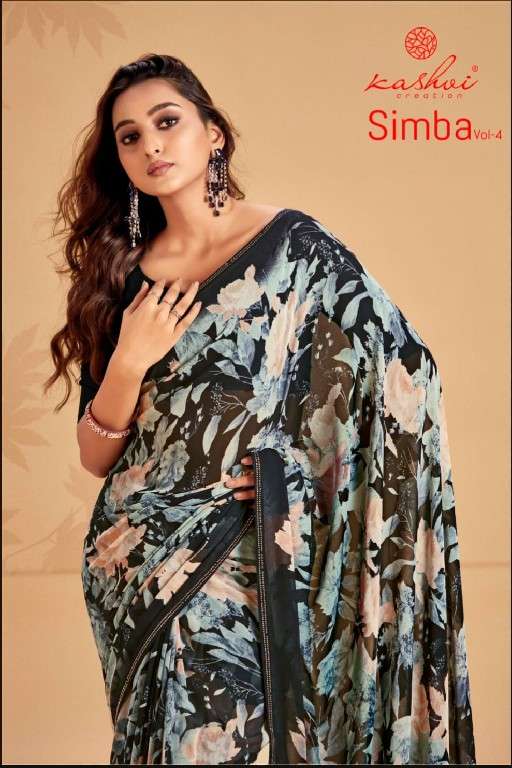 KASHVI CREATION PRESENTS SIMBA VOL-4 GEORGETTE PRINT WITH CONTRAST PRINTED SAREES CATALOG WHOLESALER 