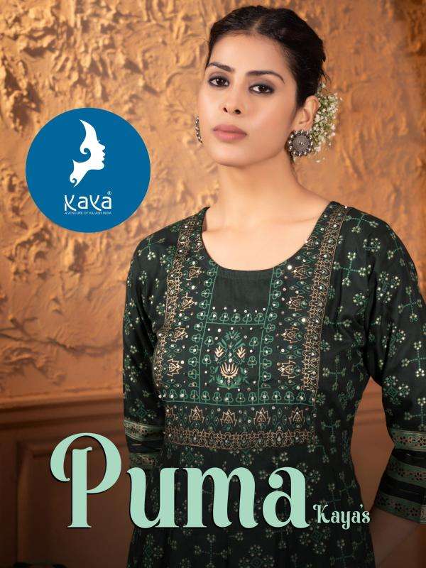 KAYA PRESENTS PUMA FANCY RAYON PRINTED GOWN STYLE KURTIS CATALOG WHOLESALER AND EXPORTER 