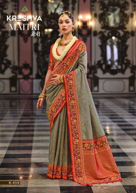 KRESHWA PRESENTS MAITRI BANARASI POLY VISCOSE SILK FASHIONABLE SAREES CATALOG WHOLESALER AND EXPORTER 