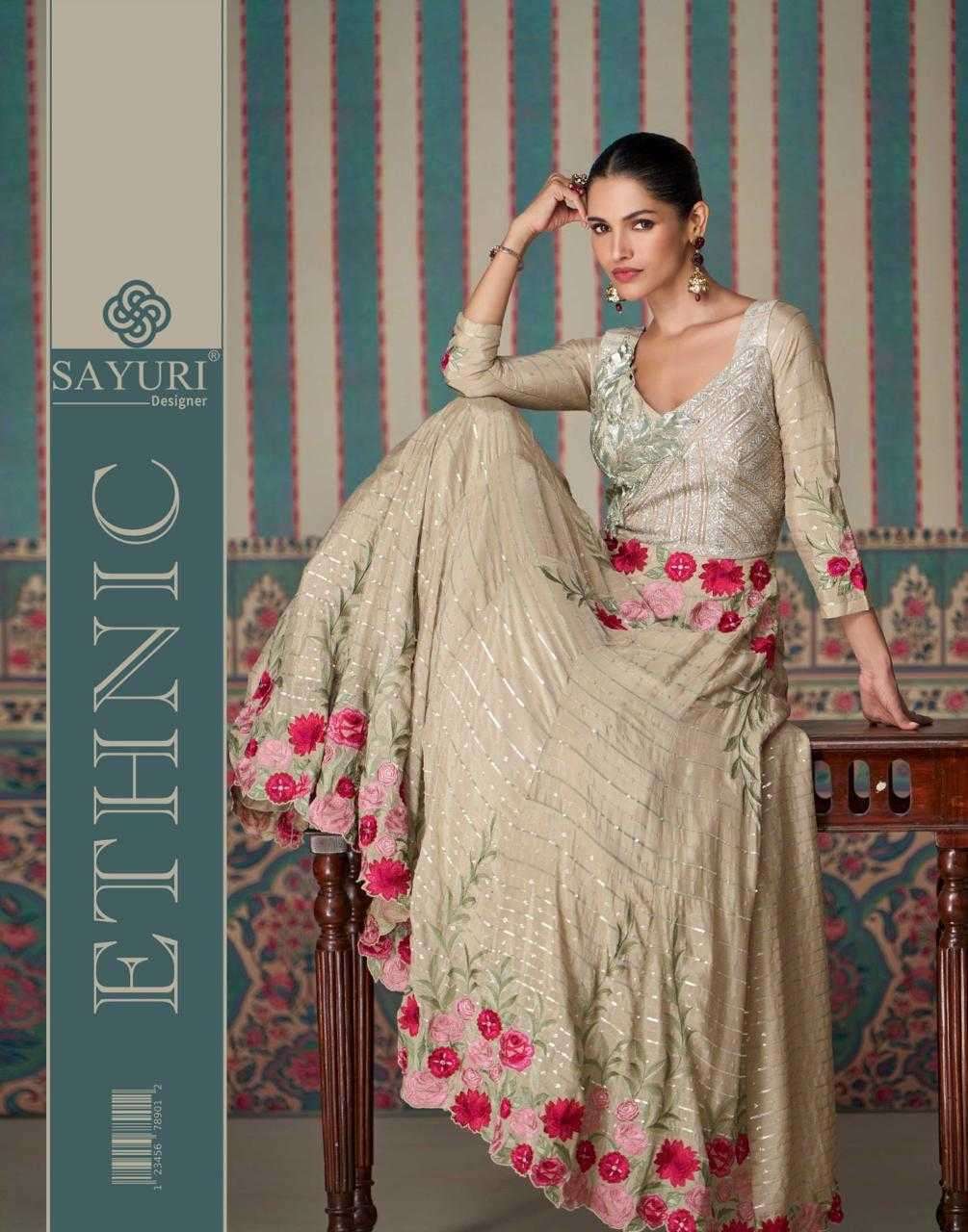 SAYURI DESIGNER PRESENTS ETHNIC READYMADE CHINON SILK INDO WESTERN 3PCS DRESS CATALOG WHOLESALER AND EXPORTER 