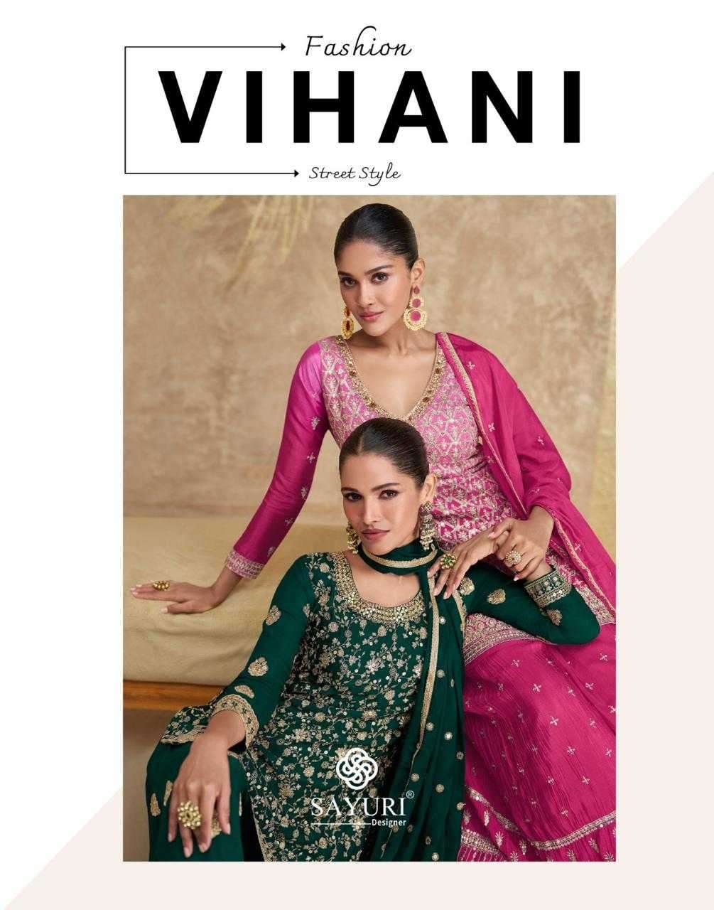 SAYURI DESIGNER PRESENTS VIHANI CHINON SILK READYMADE SHARARA STYLE DESIGNER 3PCS DRESS CATALOG WHOLESALER AND EXPORTER 