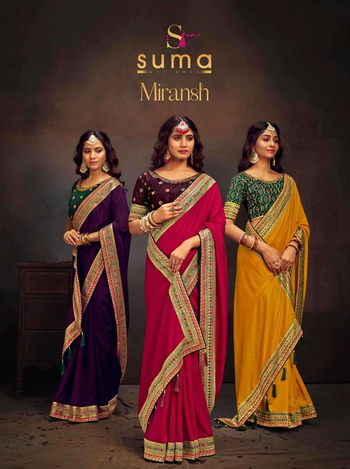 SUMA DESIGNER PRESENTS MIRANSH FANCY SAREES WITH DESIGNER BORDER AND BLOUSE COLLECTION WHOLESALER AND EXPORTER 