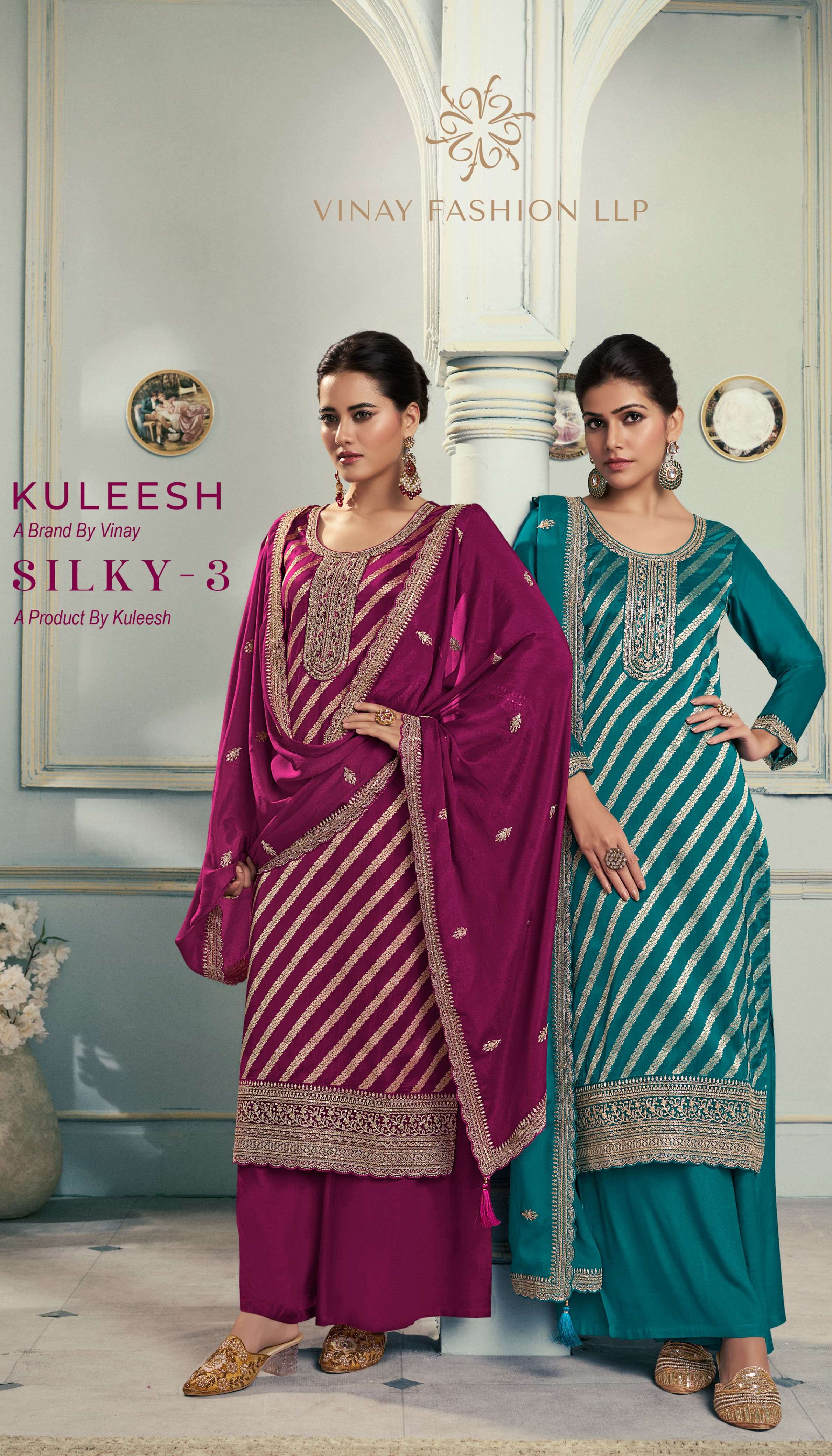 VINAY FASHION PRESENTS KULEESH SILKY VOL-3 DESIGNER SILK SALWAR SUITS CATALOG WHOLESALER AND EXPORTER IN SURAT