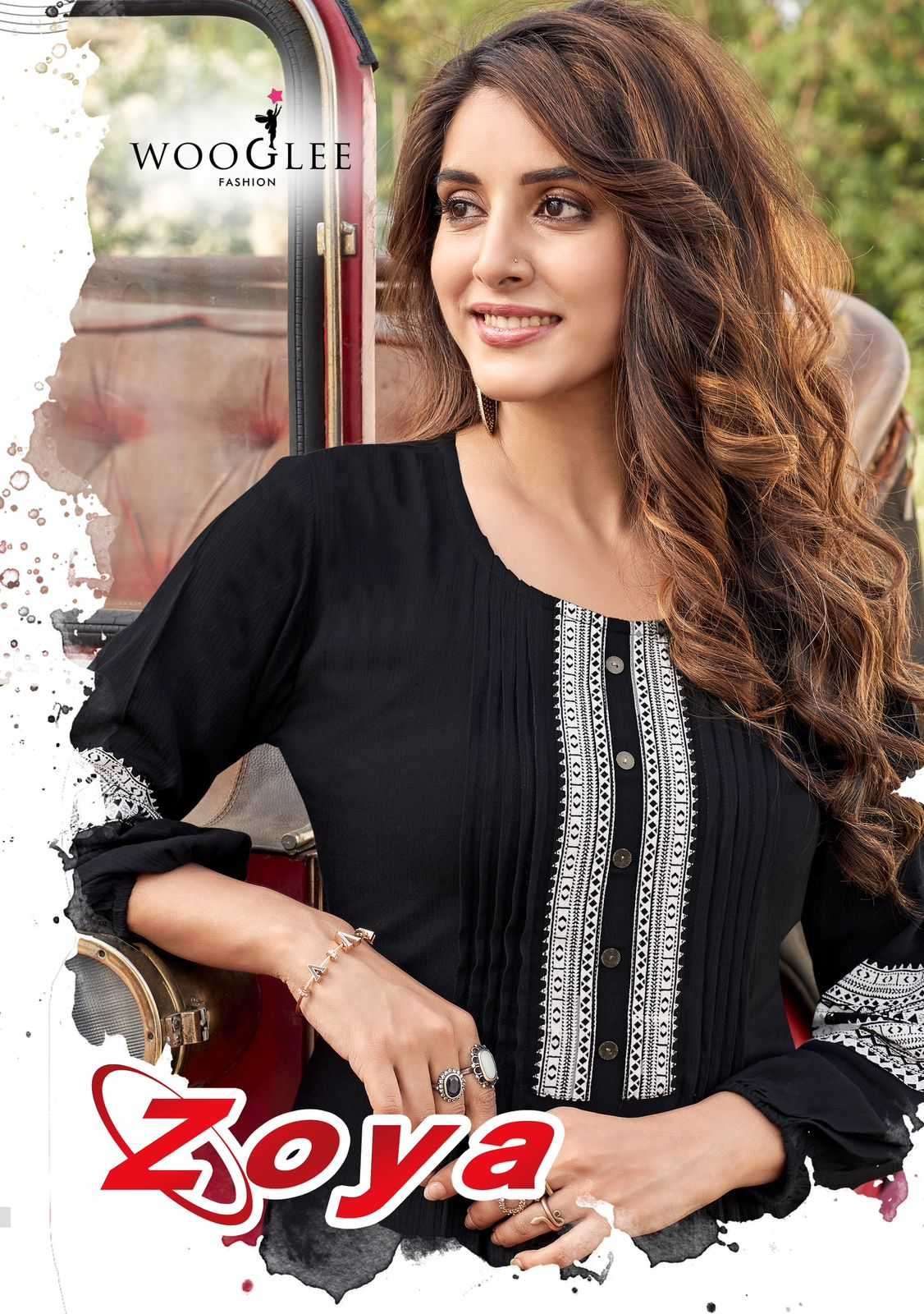 WOOGLEE PRESENTS ZOYA EMBROIDERY WORK RAYON WRINKLE READYMADE KURTI CATALOG WHOLESALER AND EXPORTER 