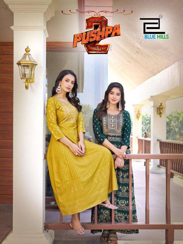 BLUE HILLS PRESENTS PUSHPA VOL-2 EMBROIDERY FULLSTITCH PLUS SIZE RAYON ANARKALI GOWN KURTIS CATALOG WHOLESALER AND EXPORTER 