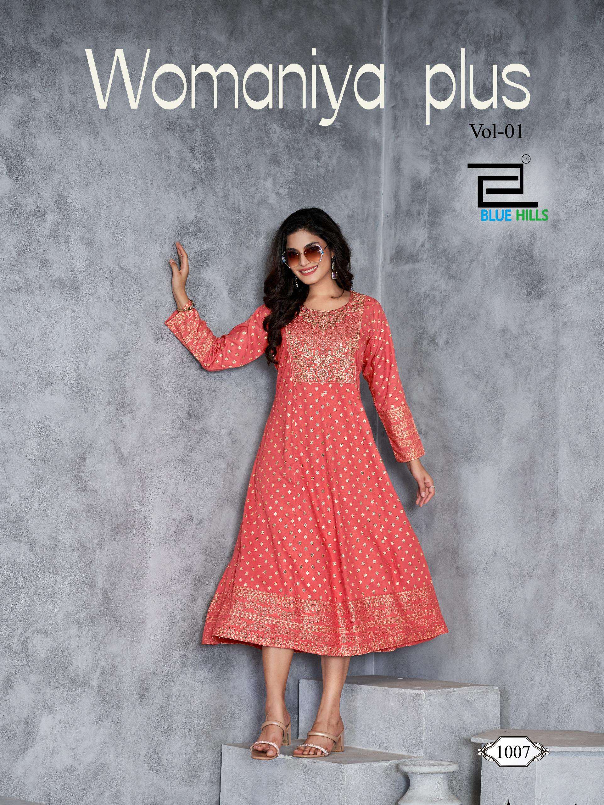 BLUE HILLS PRESENTS WOMANIYA PLUS VOL-1 RAYON PRINTED KURTI  CATALOG WHOLESALER AND EXPORTER IN SURAT