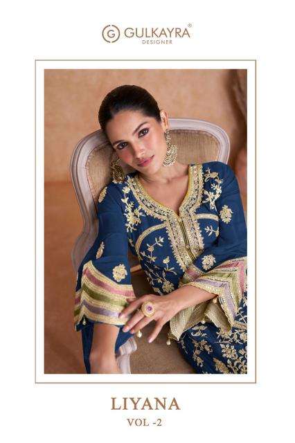 GULKAYRA PRESENTS DESIGNER LIYANA VOL-2 EMBROIDERY CHINON READYMADE TRENDY SUITS CATALOG WHOLESALER AND EXPORTER 