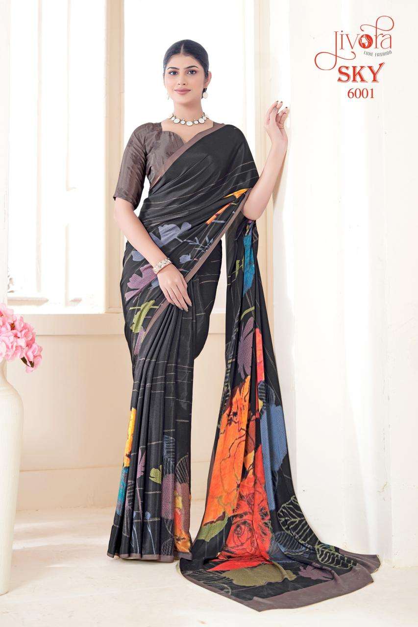 JIVORA PESENTS SKY 6001-6020 SERIES SOFT CRAPE FLOWER PRINTED UNIFORM SAREES CATALOG WHOLESALER AND EXPORTER 