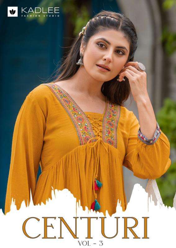 KADLEE PRESENTS CENTURI VOL-3 THREAD WORK READYMADE RAYON KURTI CATALOG WHOLESALER AND EXPORTER 