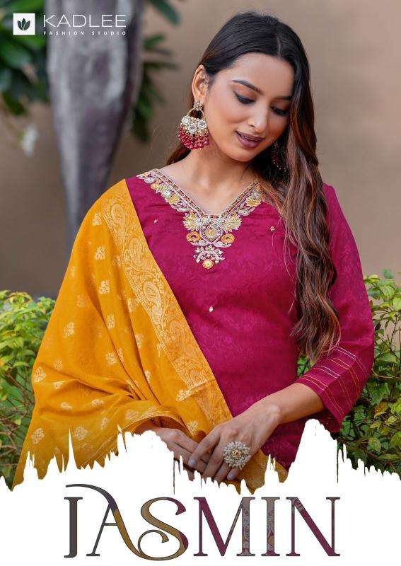 KADLEE PRESENTS JASMIN CHINON JACQUARD SILK READYMADE LADIES 3PCS SUITS CATALOG WHOLESALER AND EXPORTER 