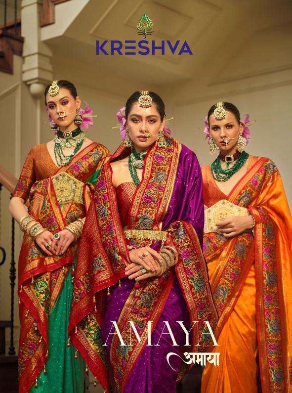 KRESHVA PRESENTS AMAYA BANARASI SILK PARTY WEAR SAREE WITH BLOUSE CATALOG WHOLESALER AND EXPORTER 