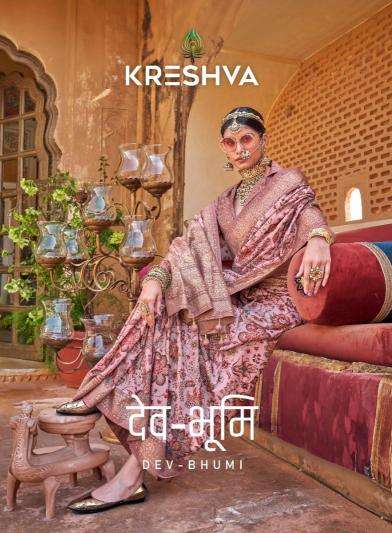 KRESHVA PRESENTS DEV BHUMI SUPER SILK SMART FLORAL PRINT PARTY WEAR ELEGANT SAREES CATALOG WHOLESALER AND EXPORTER 