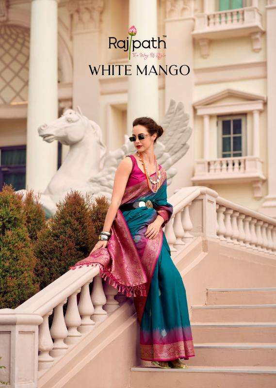 RAJPATH PRESENTS WHITE MANGO SILK WITH CONTRAS BORDER FESTIVE WEAR ETHNIC SAREES CATALOG WHOLESALER AND EXPORTER IN SURAT