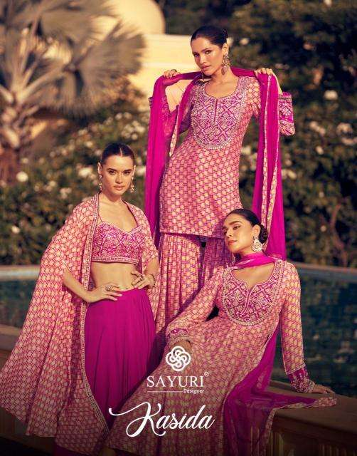 SAYURI DESIGNER PRESENTS KASIDA THREE DIFFERENT STYLE CHINON SILK READYMADE LADIES DRESS CATALOG WHOLESALER AND EXPORTER 